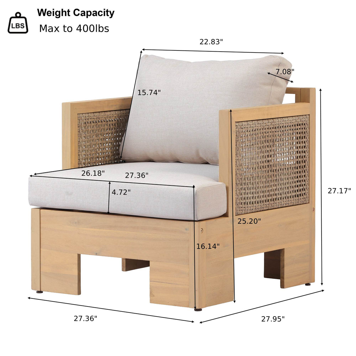 Acacia wood and rattan-woven armrests outdoor club chair with a deep seat and soft cushion, suitable for gardens, backyards, porches, and balconies,Set 2(Light Teak+Light Brown Wicker+Beige Cushion).