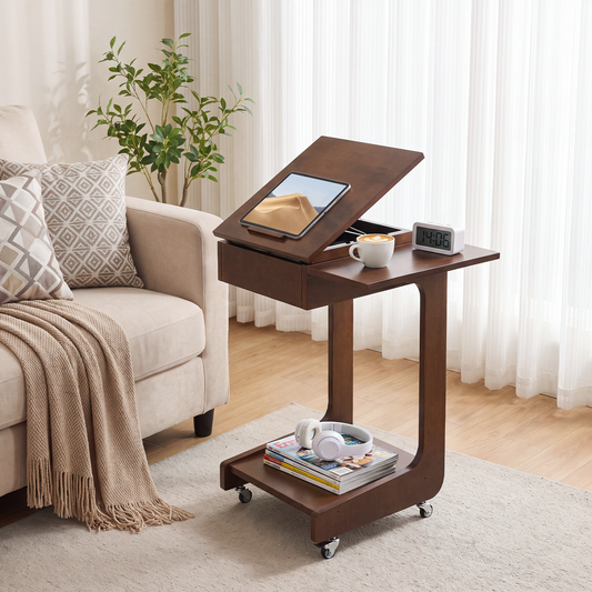 Solid Wood C Shaped End Table, Rolling Side Table with 360° Adjustable & Foldable Desktop, Couch Table with Laptop Stand for Couch, Living Room, Bedroom, Office (Walnut)