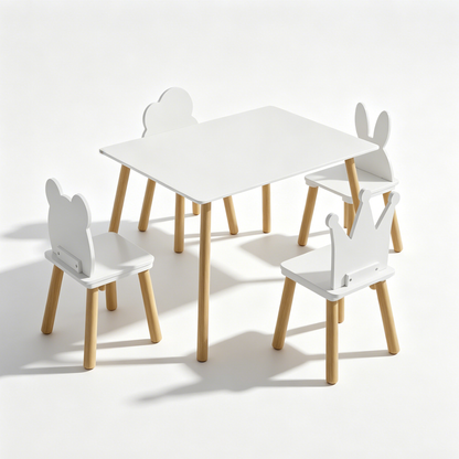 Big Kids Table and 4 Chairs Set, 5 Pieces Toddler Table and Chair Set, Wooden Activity Play Table Set (White)