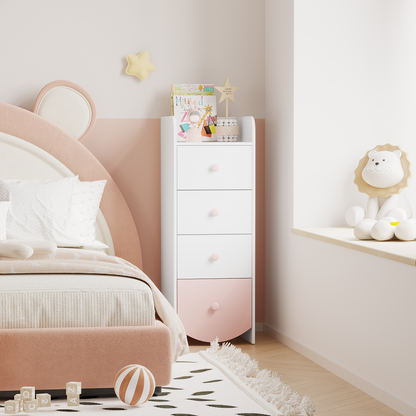 Kids Dresser with 4 Drawers, Narrow Storage Cabinet for Kids Room, MDF Chest of Drawers with Round Bottom Design, Nursery Bedroom Organizer, White
