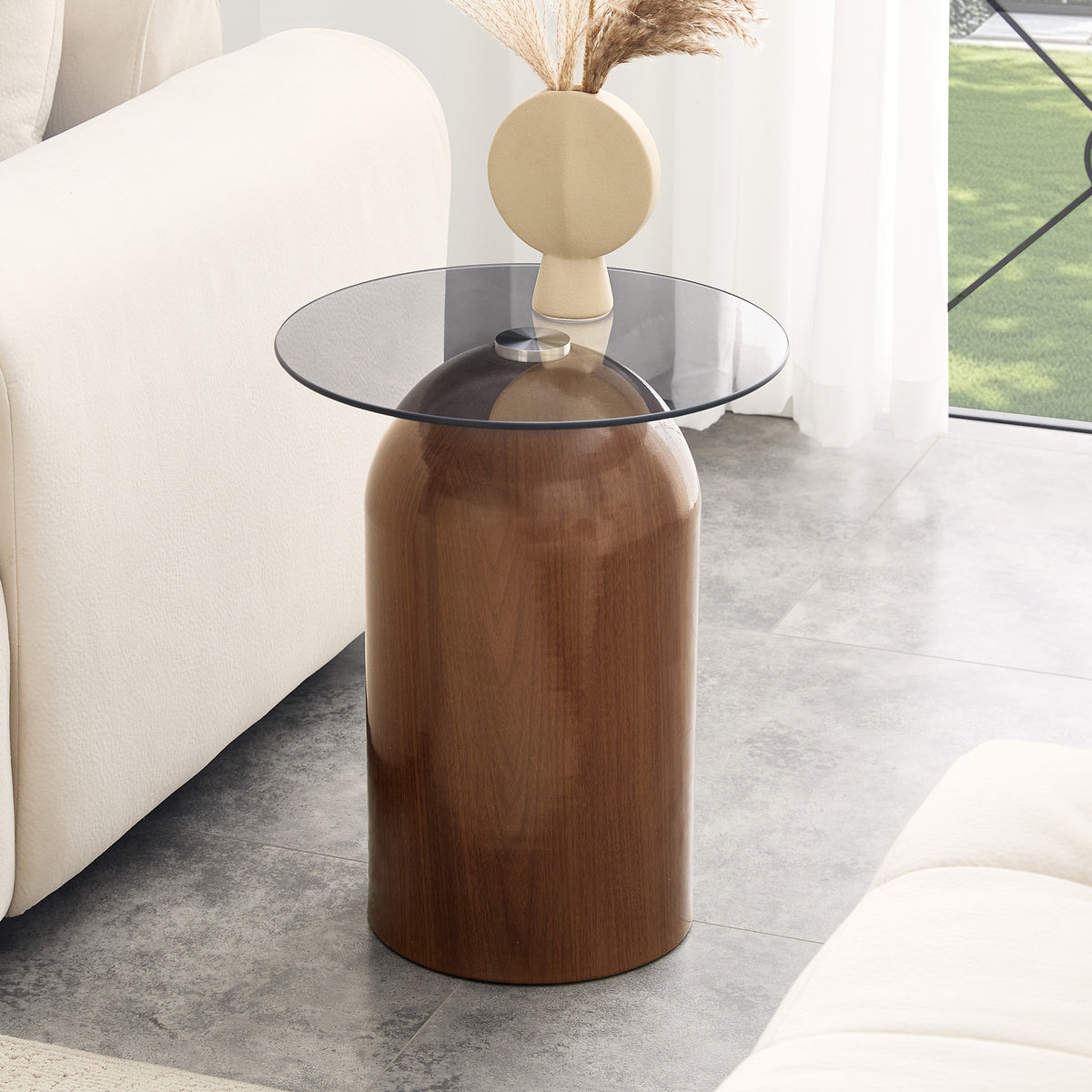 Small Coffee Table,Round Center Table,Modern Glass Coffee Table,Small Mid Century Coffee Table,Tempered Glass Top,for Living Room, Patio, Study Room,Office,Hotel(Walnut,19.6 *15.7 *10.6in)W2920P438805