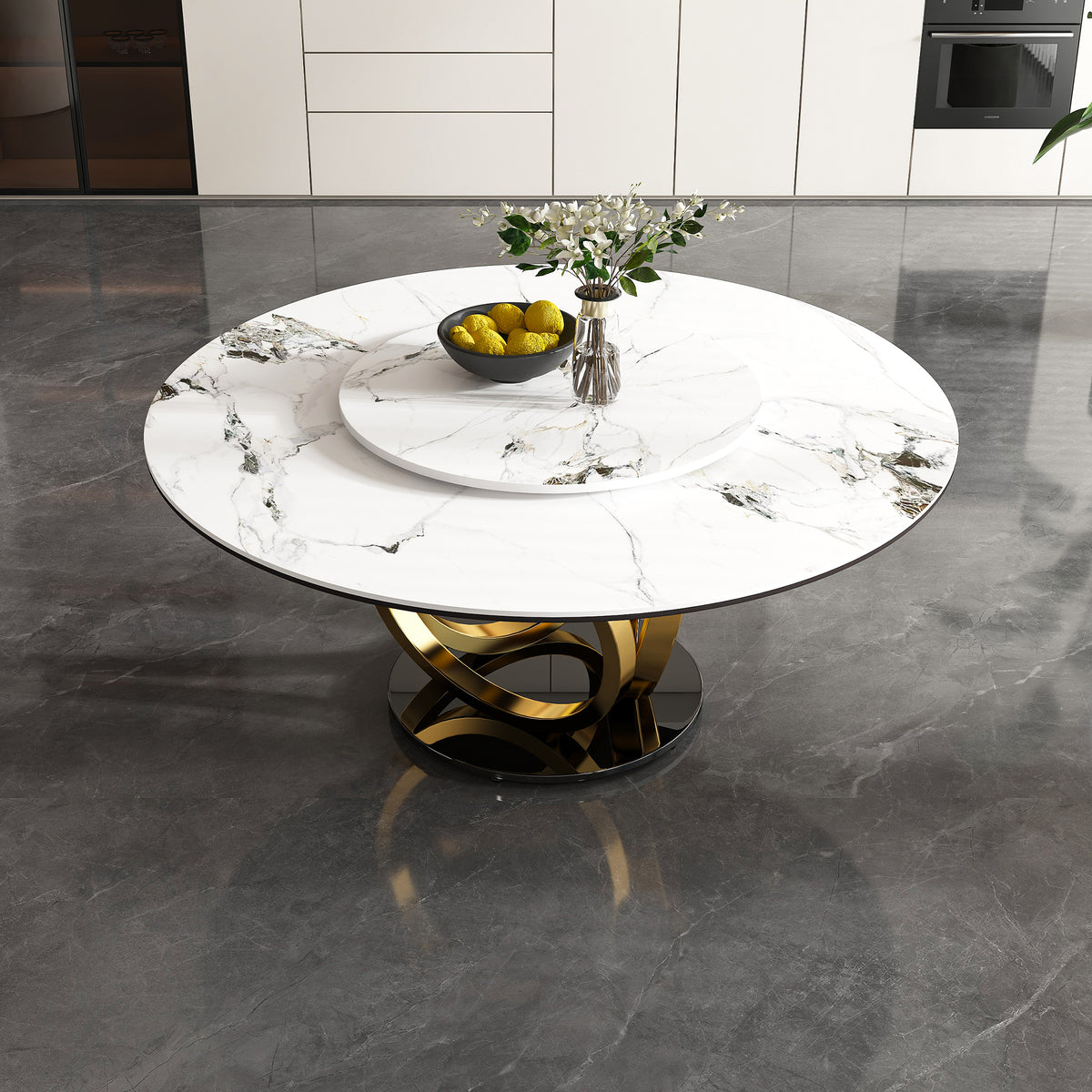 59' Round Dining Table with 360° Rotating Lazy Susan - Scratch/Heat-Resistant Sintered Stone Tabletop, for Dining Room, Kitchen, Dinette, Compact Space(Table Only) W2699S00026