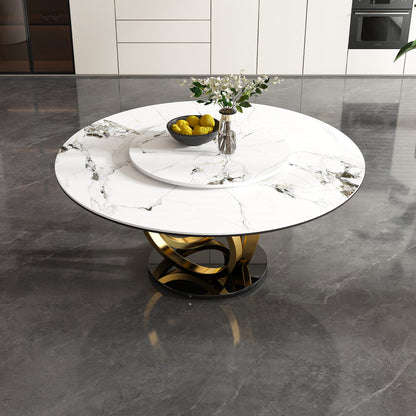59' Round Dining Table with 360° Rotating Lazy Susan - Scratch/Heat-Resistant Sintered Stone Tabletop, for Dining Room, Kitchen, Dinette, Compact Space(Table Only) W2699S00026