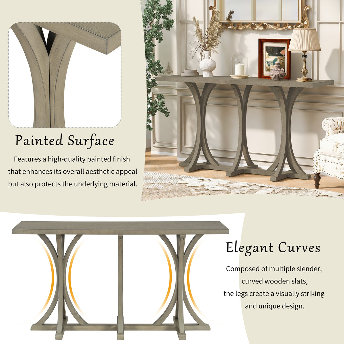 U-Style 59.8'' Wooden Console Table with Oak Veneer Top,Farmhouse Entryway Table with Rubber Wood Slender Curved Legs,Perfect for Living Room,Entryway,Hallway, Dining Spaces.