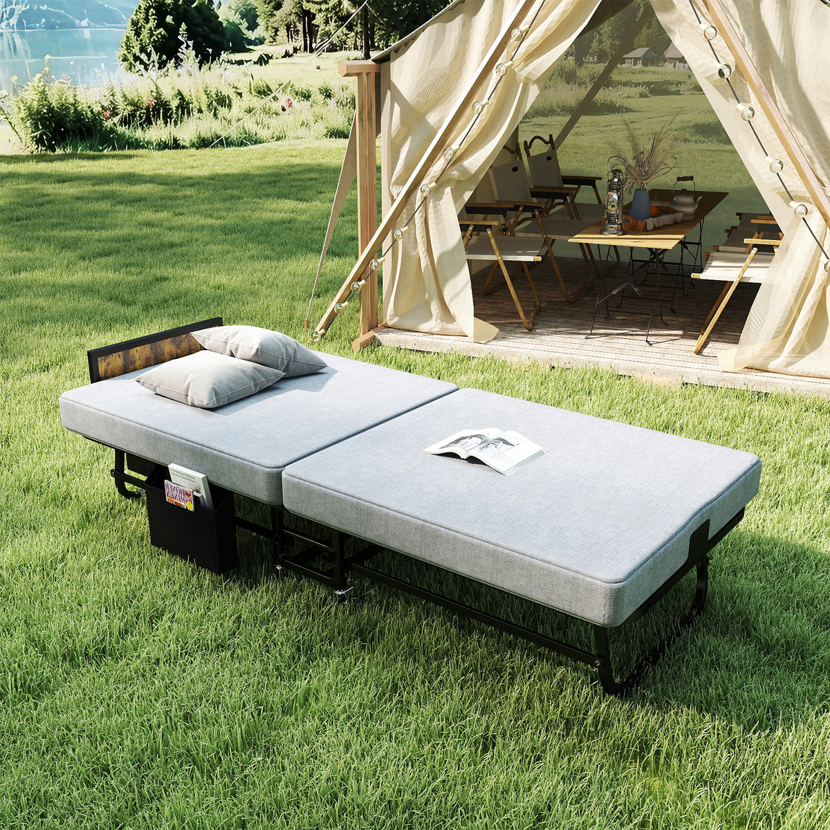 78"×31" Folding Bed with Headboard & USB Charging Station, 3" Memory Foam Rollaway Bed with Storage Pocket, Heavy-Duty Portable Guest Bed on Wheels, Ideal for Guests, Office Naps & Camping