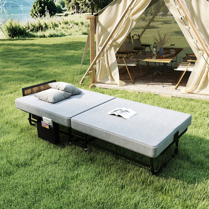 78"×31" Folding Bed with Headboard & USB Charging Station, 3" Memory Foam Rollaway Bed with Storage Pocket, Heavy-Duty Portable Guest Bed on Wheels, Ideal for Guests, Office Naps & Camping