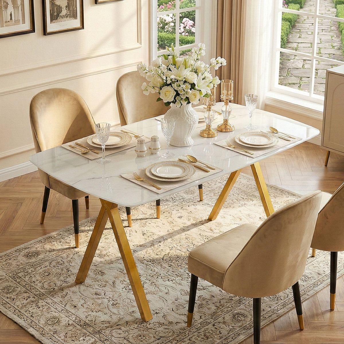 Rectangular dining table featuring a tempered glass tabletop with a marble-patterned design and golden metal legs, ideal for restaurant dining settings.