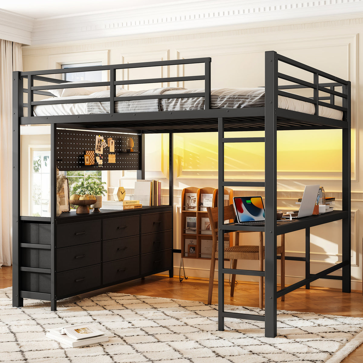 Queen Size Loft Bed with Desk, Loft Bed with Drawers, Loft Bed with Led Light and USB, Sturdy Loft bed Frame, Loft Bed with Mirror, Multi-Functional High Loft Bed for Teens Adults.Black