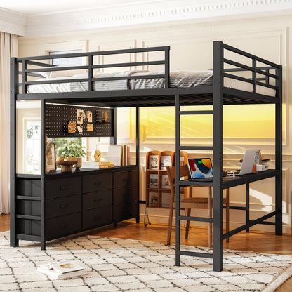 Queen Size Loft Bed with Desk, Loft Bed with Drawers, Loft Bed with Led Light and USB, Sturdy Loft bed Frame, Loft Bed with Mirror, Multi-Functional High Loft Bed for Teens Adults.Black