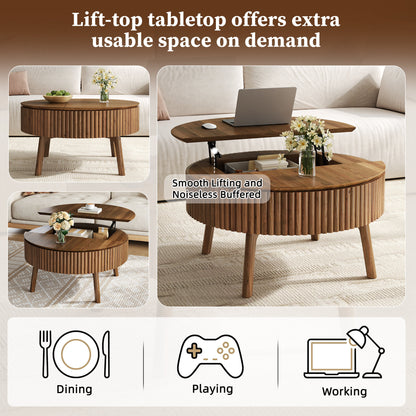 Modern Round Lift-Top Coffee Table with Half Flip-Top & Hidden Storage, Solid Wood Mid-Century Coffee Table with Fluted Design, 30.3' Walnut Space-Saving Center Table for Living Room