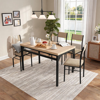 5-Piece Dining Table Set for 4, 47.24" Dining Table with 4 Upholstered Linen-Look Chairs, Black Metal Frames, Modern Kitchen & Dining Room Furniture