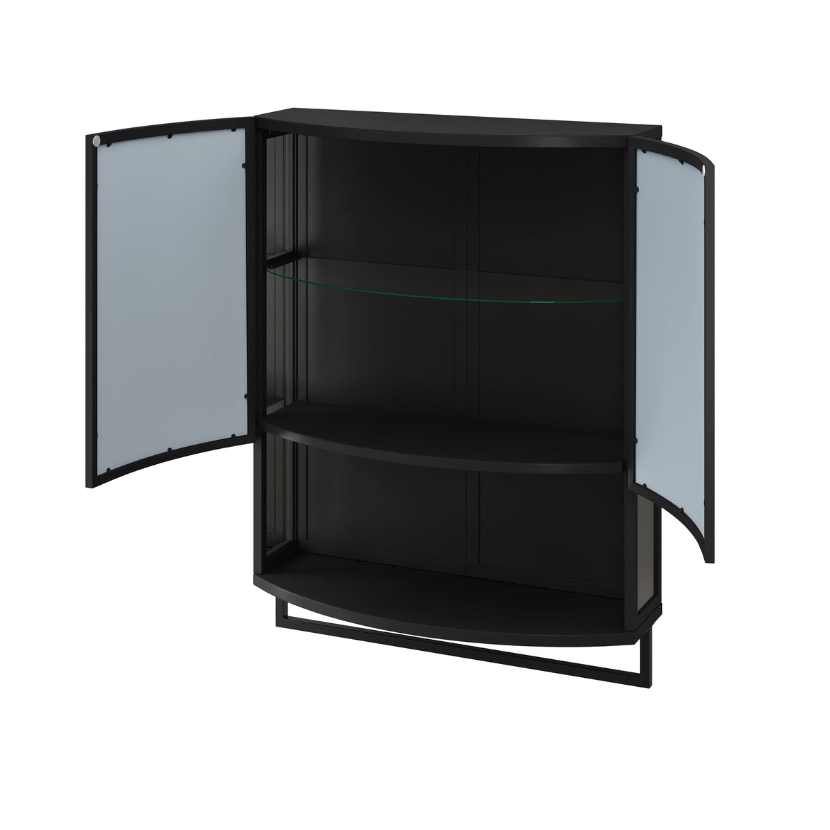 Modern Arched Glass Double-Door Wardrobe with Shatterproof Mirror, Double-Layer Storage, Open Shelf & Towel Rack in Black Iron Frame, 23.62'L x 8.85'W x 31.5'H