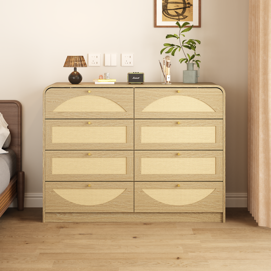 Natural Finish 8‑Drawer Dresser with Rattan Front, Wide Particle Board Chest of Drawers, Modern Wooden Storage Cabinet for Bedroom Living Room