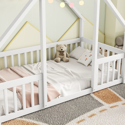 Twin Wood House-Shaped Floor Bed with Fence, Guardrails, White