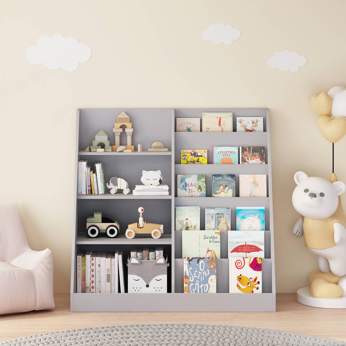 Kids Bookshelf and Toy Storage Organizer, Multifunctional 4 Tier Wooden Kids Book Shelf with Bookcase Display Stand, Children, Toddlers - Gray – Model W808P340216
