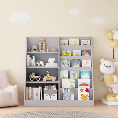 Kids Bookshelf and Toy Storage Organizer, Multifunctional 4 Tier Wooden Kids Book Shelf with Bookcase Display Stand, Children, Toddlers - Gray – Model W808P340216
