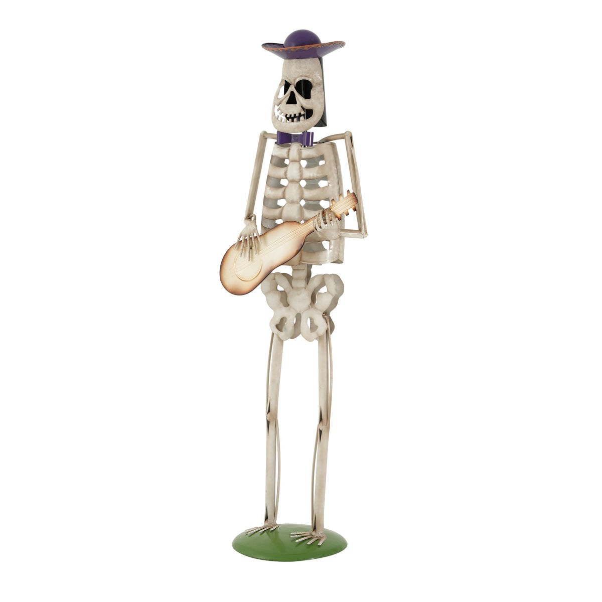 Halloween Skeleton Guitar Yard Decoration, 61.8 Inch Metal Statue with Purple Hat and Bow Tie in Ivory White for Outdoor Porch, Lawn, and Party Decor