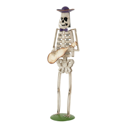 Halloween Skeleton Guitar Yard Decoration, 61.8 Inch Metal Statue with Purple Hat and Bow Tie in Ivory White for Outdoor Porch, Lawn, and Party Decor