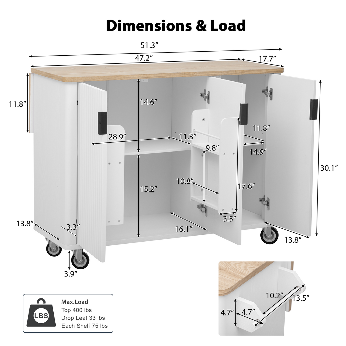 K&K 51" Fluted Kitchen Island with Drop Leaf, Farmhouse Accent Kitchen Island on Wheels with Internal Storage Rack