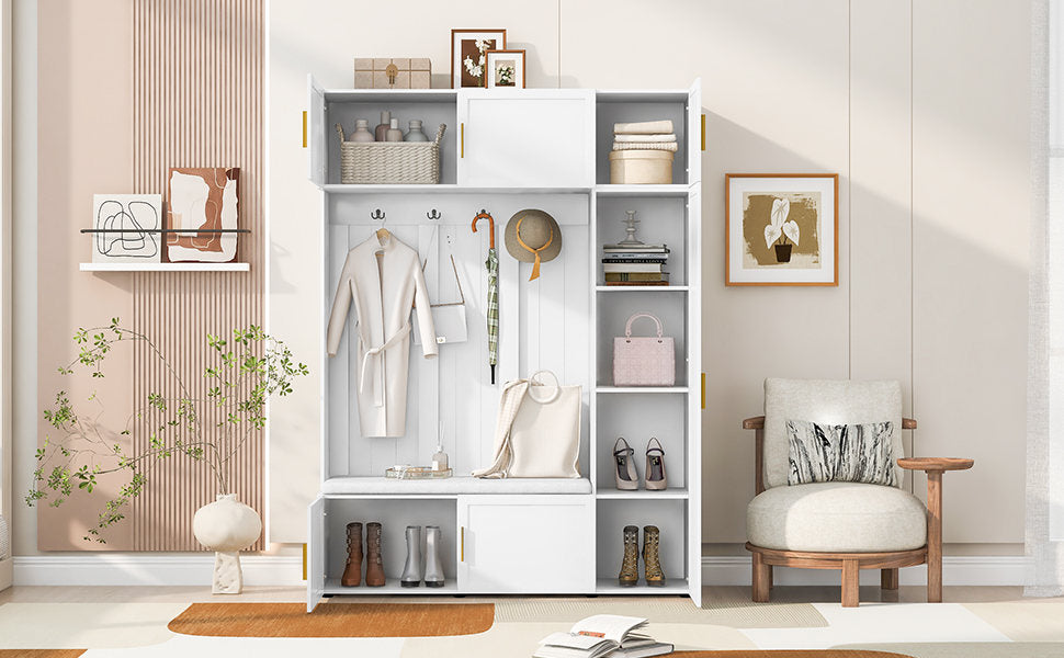 U-Can American Style 4-in-1 Hall Tree with Padded Bench, 4 Hooks, and Multi-Tier Storage Shelves – White