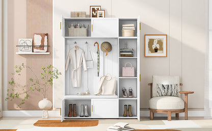 U-Can American Style 4-in-1 Hall Tree with Padded Bench, 4 Hooks, and Multi-Tier Storage Shelves – White