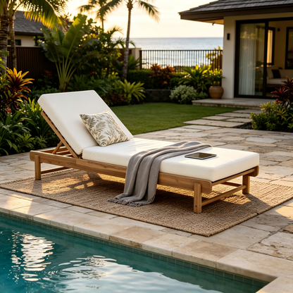 Light Teak Acacia Wood Chaise Lounge Set: 1 Frame + 1 Cream Cushion, 400 lbs Capacity, 3-Position Adjustable Backrest, 4' Thick Water-Resistant Cushion for Patio Poolside Backyard