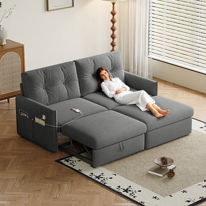 Sleeper Sofa, 69.7' Pull-Out Bed Storage Sectional, Convertible 2-in-1 Sofa Bed with Ottoman, Cozy Multi-Functional Futon for Small Spaces, Corduroy Fabric, Ideal for Living Room & Bedroom