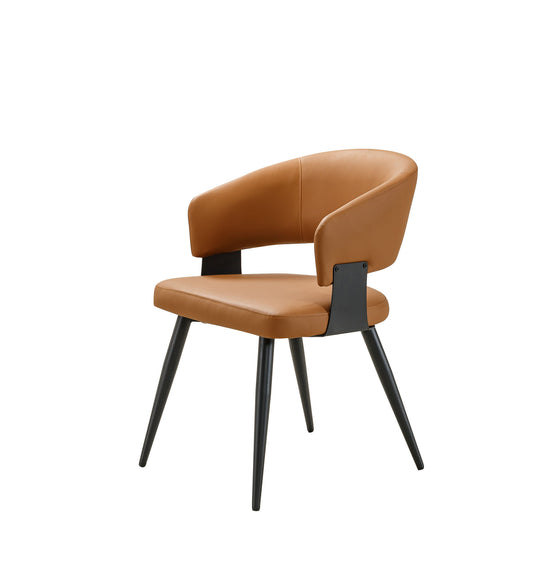 Modern Kitchen Dining Chair Set (2-piece set), brown faux leather soft cushion, curved wrap-around backrest, reinforced metal frame with sturdy black metal legs, easy to clean, suitable for home kitch
