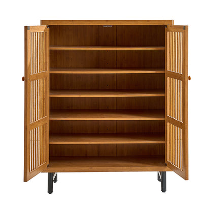 Walnut Modern Shoe Cabinet with Louver Doors, 6-Tier Entryway Organizer with Adjustable Shelves, MDF and Iron Construction, Natural Finish