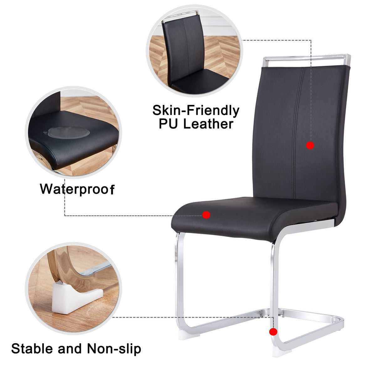Modern Dining Chairs,PU Faux Leather High Back Upholstered Side Chair with C-shaped Tube Chrome Metal Legs for Dining Room Kitchen Vanity Patio Club Guest Office Chair (Set of 4)(Black+PU Leather)1162
