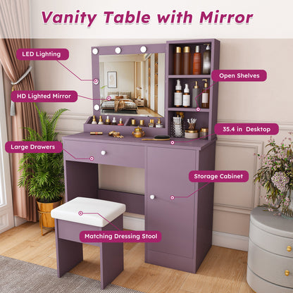 Modern Purple Vanity Desk Set with Padded Stool and Adjustable LED Mirror, 3 Color Light Modes, MDF Construction