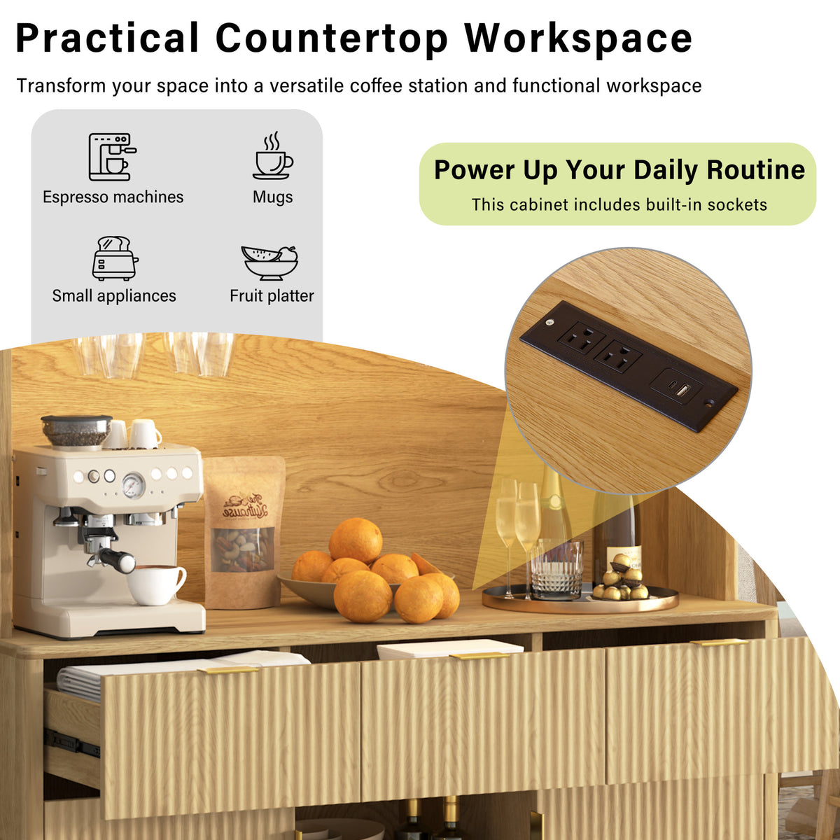 U_Style 72.2" High Kitchen or Bar Cabinet with Electrical Outlet and LED Light, Wine Bottle Storage with Nine-Grid Wine Rack,Multi-Functional Home Sideboard for Dining Room, and Hallway