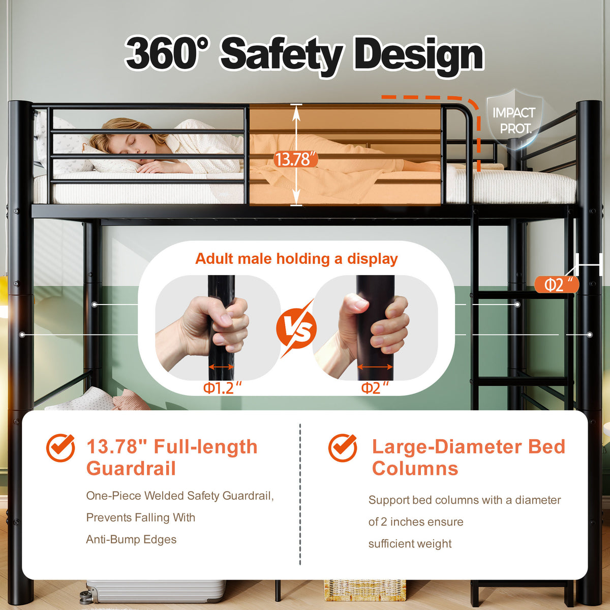 Metal Twin Over Twin Bunk Bed, Convertible into 2 Separate Twin Beds, 13.78" Full-Length Guardrails, Extra-Wide Ladder, Anti-Tip Brackets, Black Bunk Bed Frame for Kids, Teens & Adults