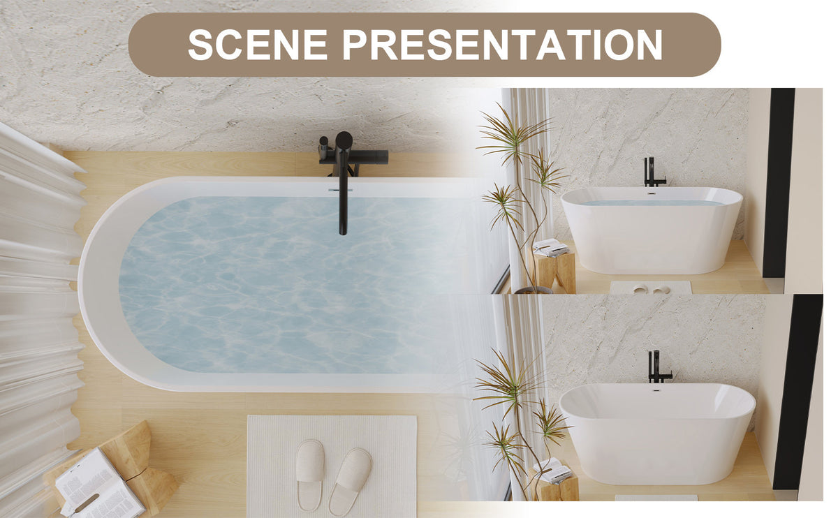 59" Acrylic Freestanding Bathtub, Stand Alone Soaking Tub, Glossy White Acrylic, Toe-tap Chrome Drain, cUPC Certified