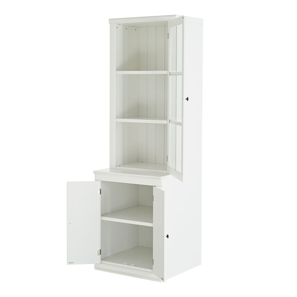 75.25'' Tall Freestanding Pantry Cabinet with Glass Door & Lattice Window, Farmhouse Display Cabinets with Storage, Hutch with Double-Action LH&RH Door, for Hallways, Livingroom Kitchen & Office,White