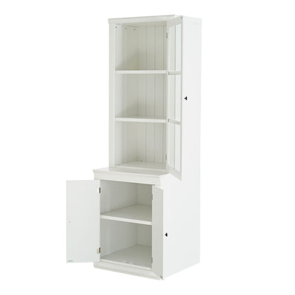 75.25'' Tall Freestanding Pantry Cabinet with Glass Door & Lattice Window, Farmhouse Display Cabinets with Storage, Hutch with Double-Action LH&RH Door, for Hallways, Livingroom Kitchen & Office,White