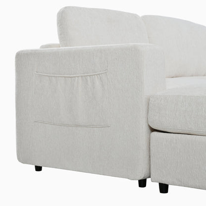 U-Style 102.4" U Shaped Sectional Sofa, Chenille Modular Couch with Curved Ottoman & Storage Ottoman, 3 Seater Sofa with Drop Down Console and 2 Cup Holders, Solid Pine Wood Frame for Living Room