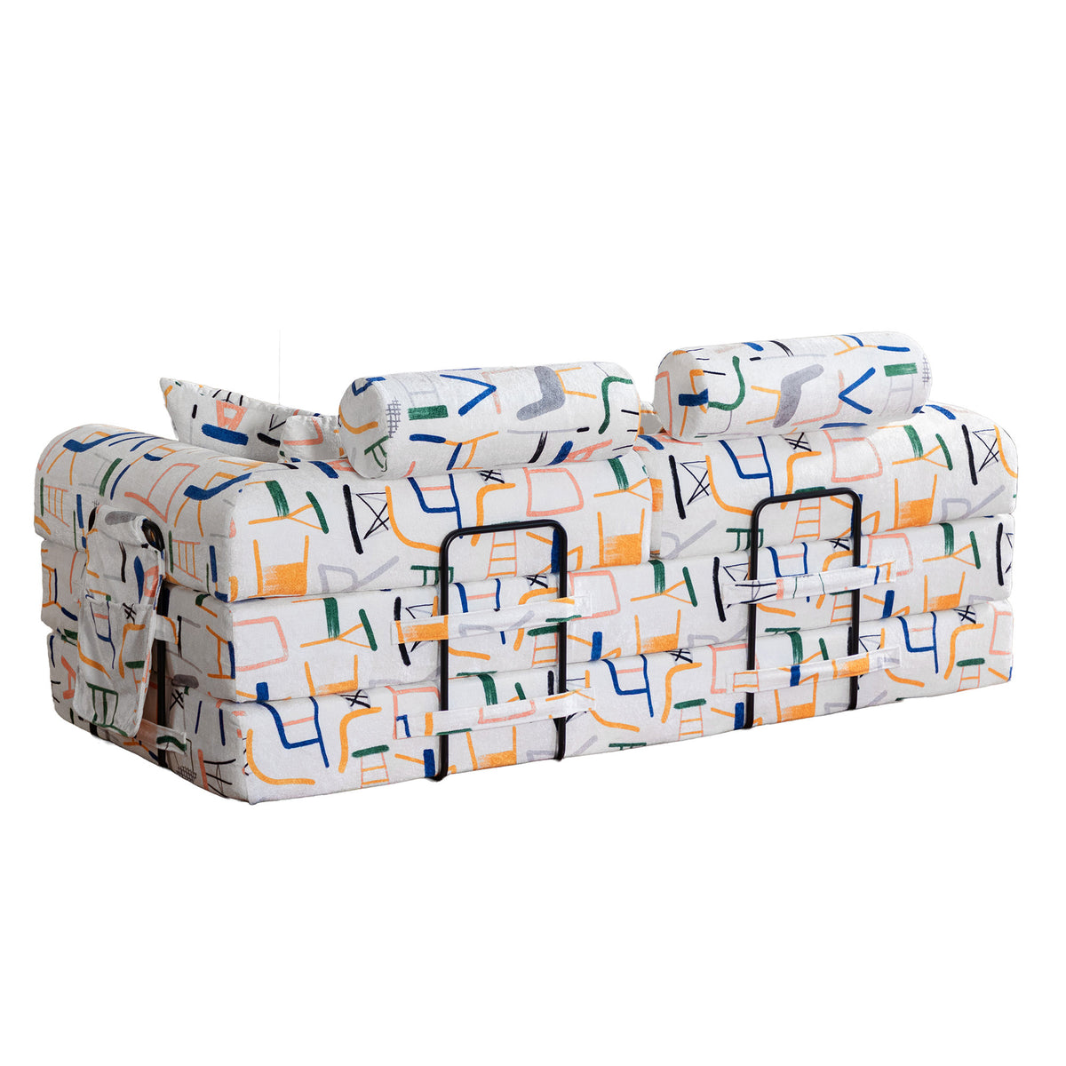 Abstract Line Printed Convertible Sleeper Sofa Bed High Density Compressed Sponge Foldable Multi-functional Upholstered Couch for Living Room Hotel Apartment