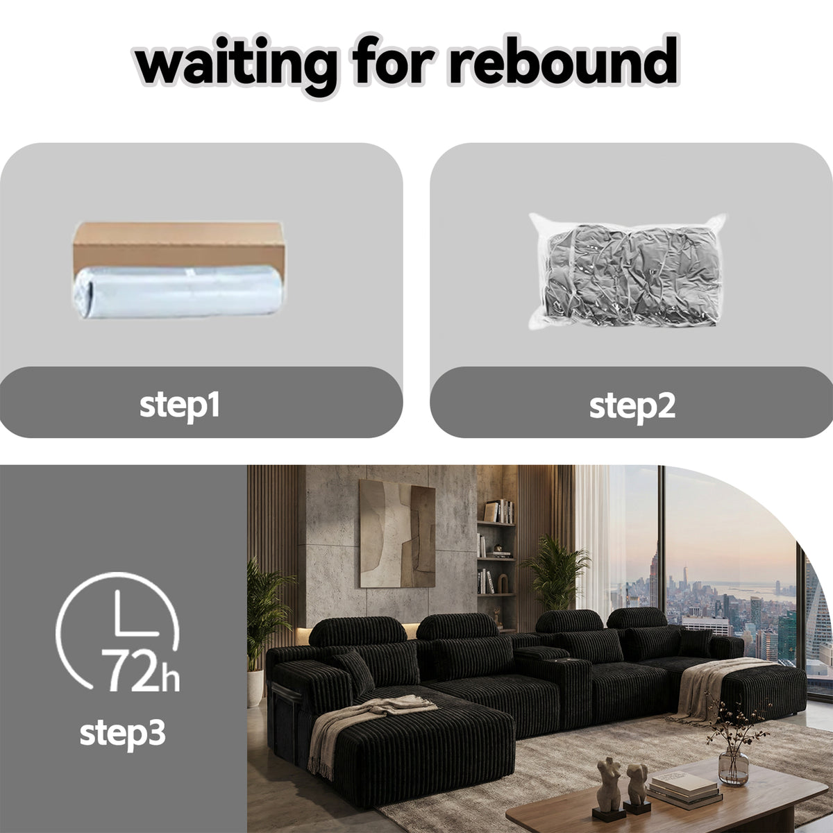 Modern Black corduroy 6-seater U-shaped sofa with lounge chair and cup holder -145.7 inch oversized modular compression sofa, suitable for home theaters, luxury living spaces, tool free assembly