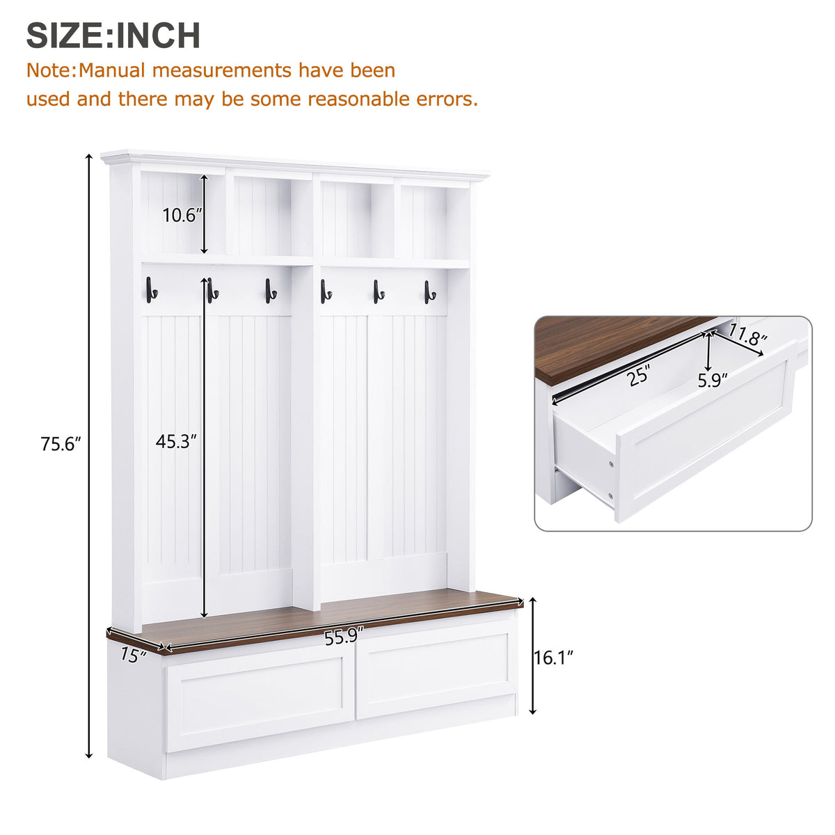 Farmhouse 4-in-1 Hall Tree with Wood Grain Bench, Mudroom Versatile Coat Rack with 2 Large Drawer, Entrance Organizer, White, 55.9" W
