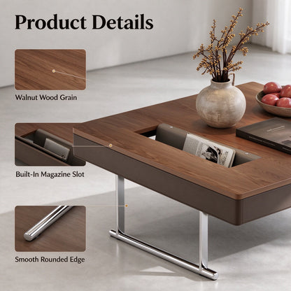35.43" Square Walnut Coffee Table with Thickened Tabletop, Saddle Leather-Wrapped Edge and Polished Stainless Steel Base, Modern Cocktail Table for Living Room
