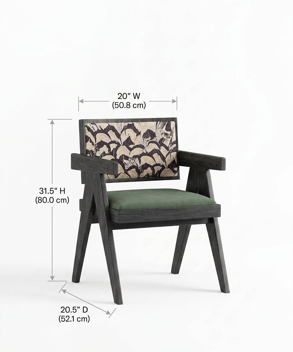 Mid-Century Modern Solid Wood Armchair with Upholstered Pattern Back and Padded Seat, Vintage Accent Chair / Dining Desk Chair for Living Room, Bedroom, Home Office