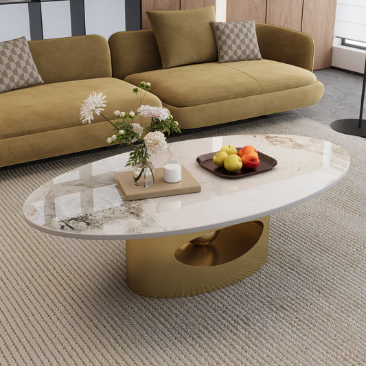 49.2" Faux Marble Oval Coffee Table, Contemporary Stainless Steel Base, Modern Center Table for Living Room
