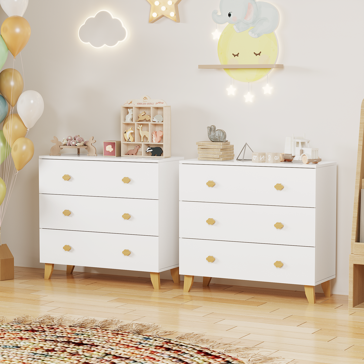 Kids Dresser with 3 Drawers, Wooden Cloud Handles & Pine Legs, MDF Chest of Drawers for Kids Room, Nursery Storage Cabinet, White