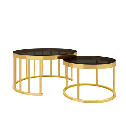 Round Nesting Coffee Table Set of 2, Modern Gold Metal Frame Circular Cocktail Table, Tempered Glass Top Accent Nesting Tables for Living Room, Apartment