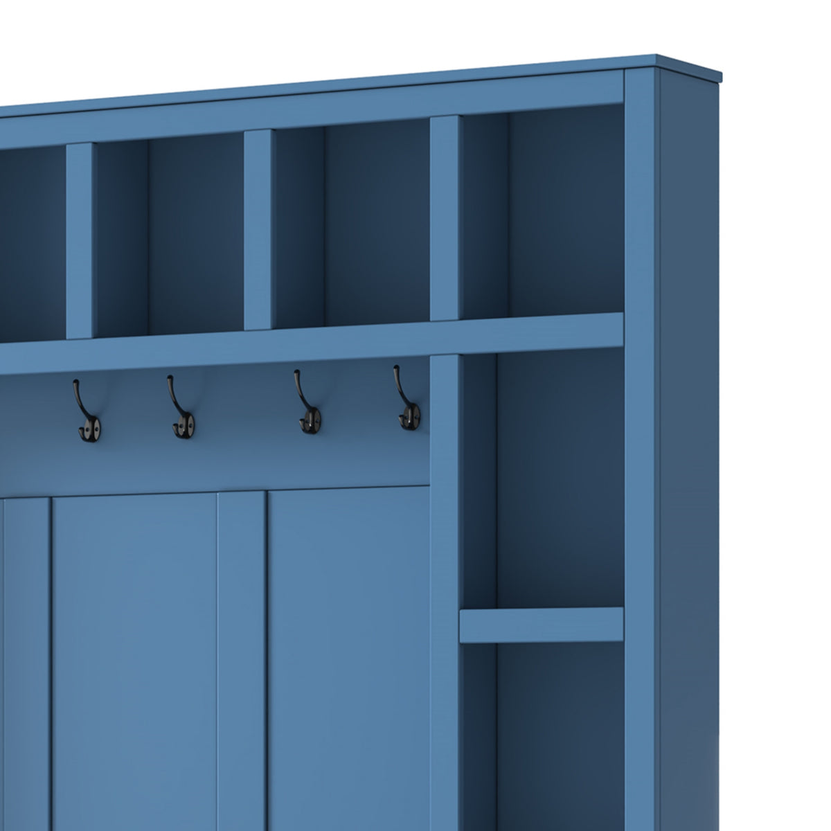 Farmhouse Wooden Hall Tree with 6 Hooks, Walnut Storage Bench with Adjustable Shelves, 4-in-1 Entryway Shoe Cabinet with Cubbies for Mudroom, Living Room, Blue (New Color of N721S000044K-1/B-1)