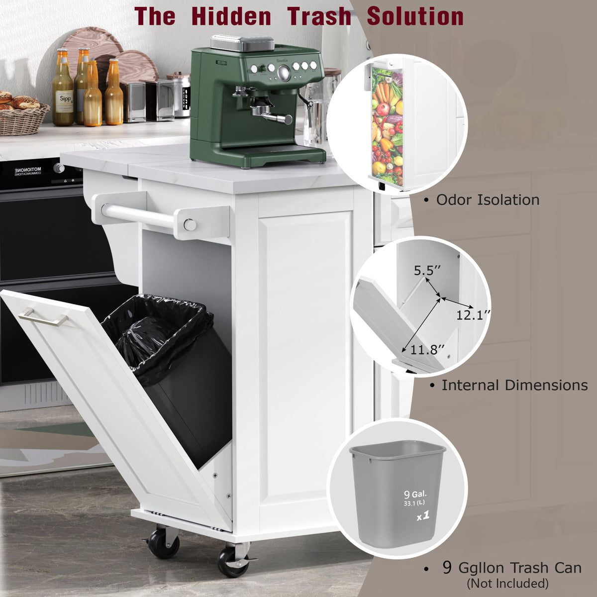 K&K 50.7" Kitchen Island with Storage Tilt Trash Can Cabinet and Pull Out Cabinet Organizer – Model N707S299008W
