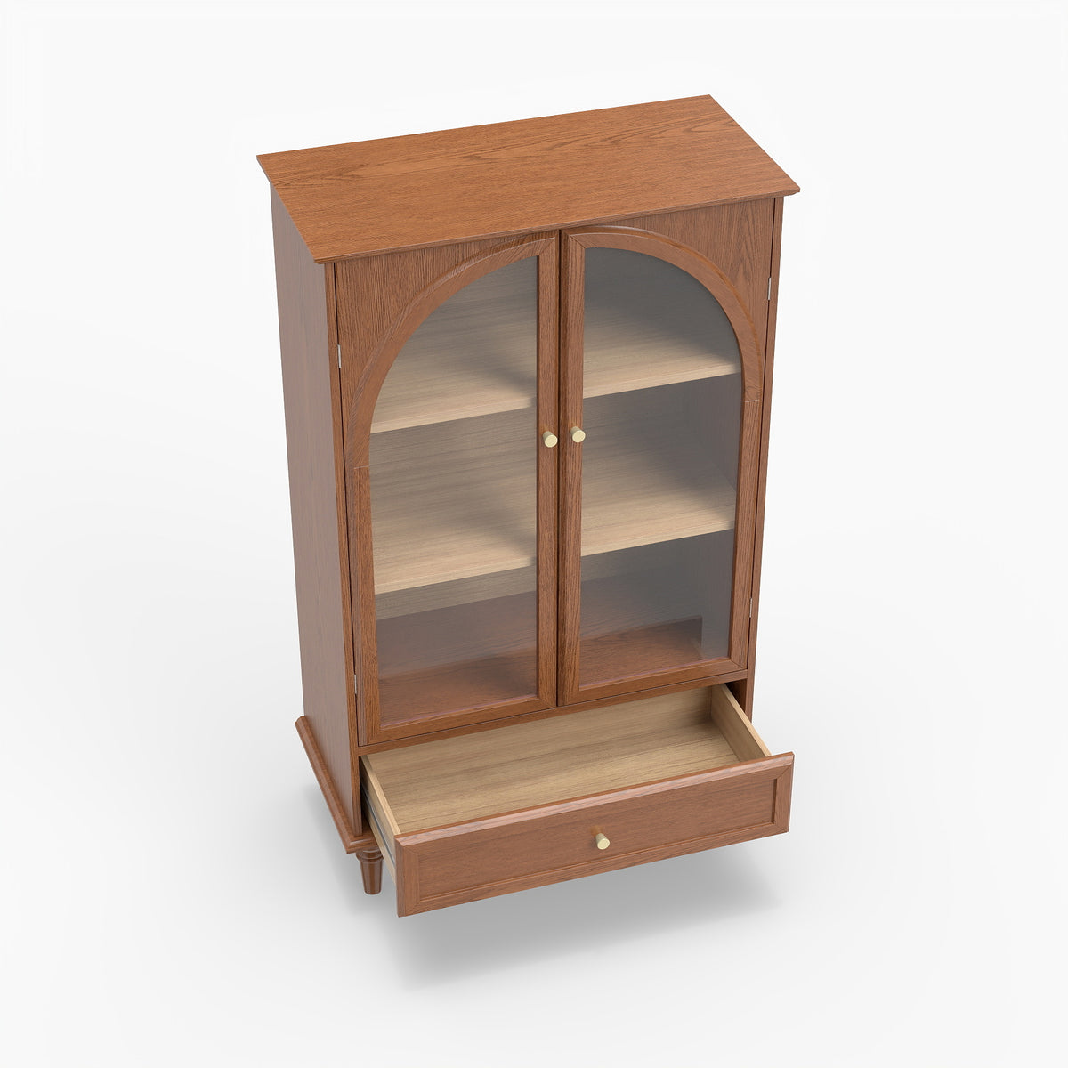 Vintage Farmhouse Arched Glass Accent Cabinet, MDF Real Wood Veneer Display Storage Cabinet with Solid Wood Legs, Adjustable Shelves & Drawer, Antique Glaze Finish