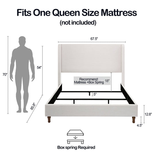 Hayden Upholstered Wingback Bed Size Queen / Tall 54" Headboard Upholstered Queen Bed / Without Wooden Slats / Box Spring Request / Queen / Textured Ivory Canvas / Elegant Simplicity / Easy Assembly