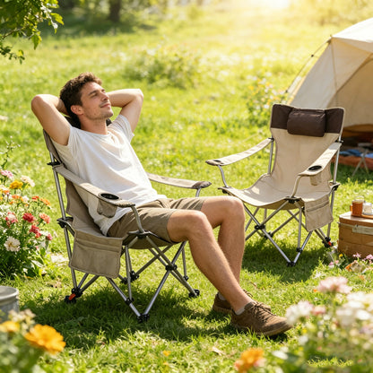 2PCS Outdoor Camping Chairs Folding/Portable/Adjustable reclining chair(Three-level adjustment), Side Pockets & Cup Holder,Carry Bag,Beige